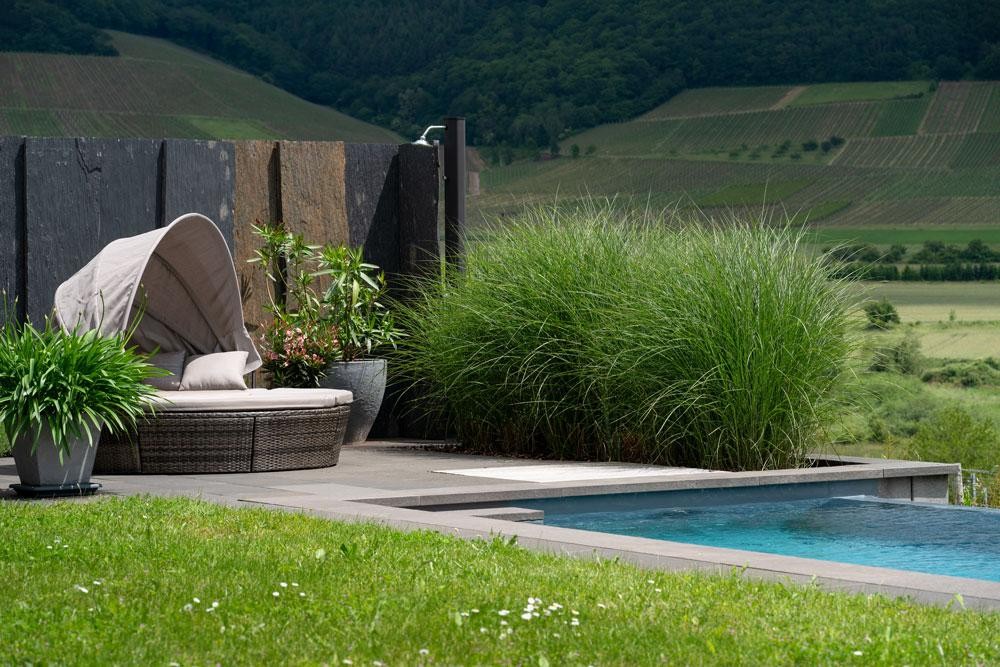 Piscine naturelle avec espace lounge en pente et large vue sur le paysage