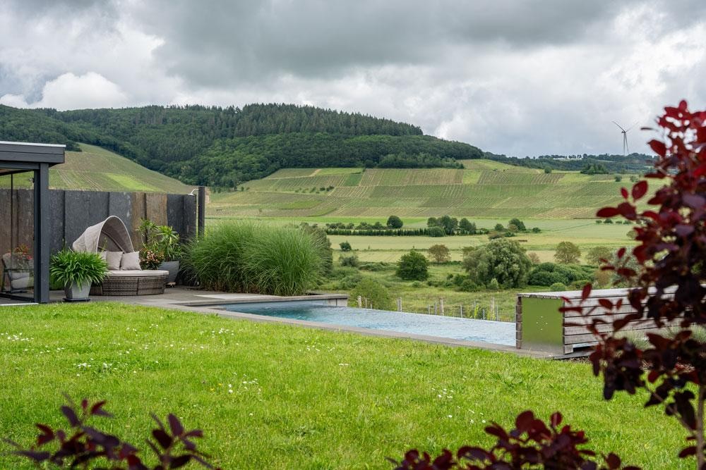 Piscine naturelle au jardin avec vue dégagée sur le paysage vallonné