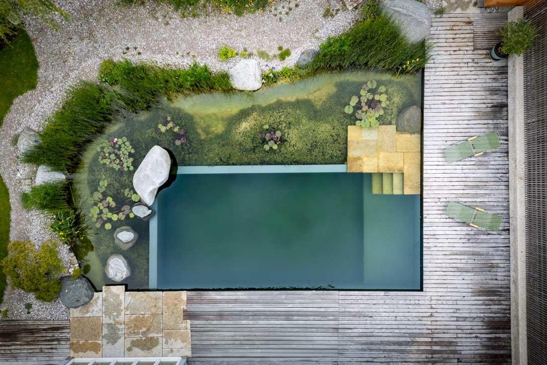 Vue aérienne d’une piscine naturelle avec zone de régénération et terrasse bois