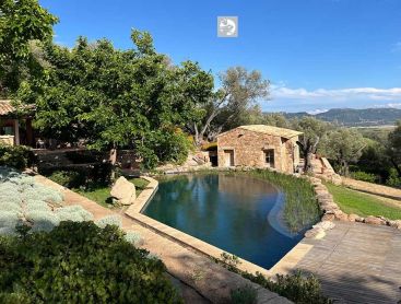 Étang de baignade avec terrasse en bois et maison en pierre sur un terrain en pente avec vue panoramique