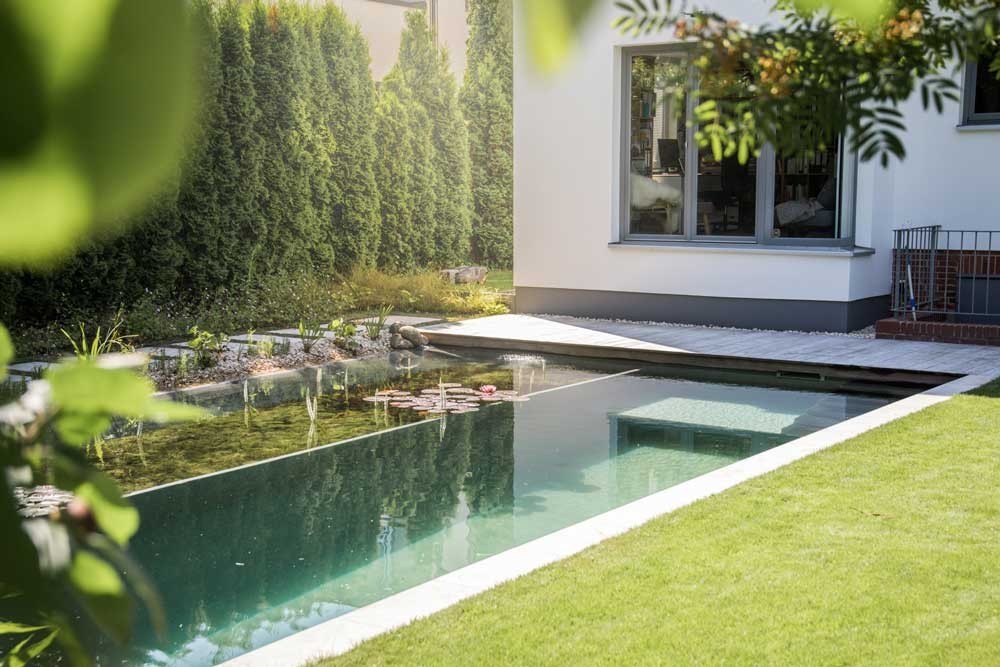 Etang de baignade pres de la maison aux lignes epurees avec zone de regeneration