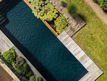 Étang de baignade vu d’en haut avec nénuphars et terrasse en bois