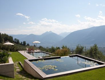 Living-Pool dans un hôtel du Tyrol italien avec vue sur les Alpes