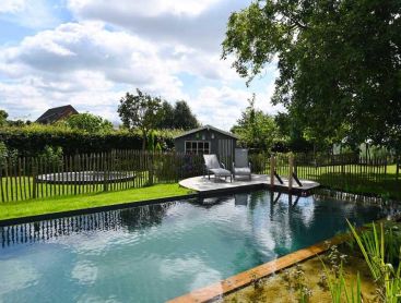Piscine naturelle avec terrasse en bois, transats et abri de jardin