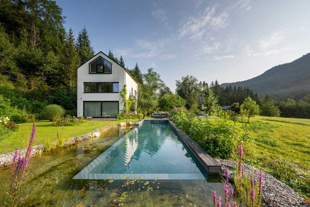 Piscine naturelle avec terrasse bois et zone de régénération devant maison moderne avec vue