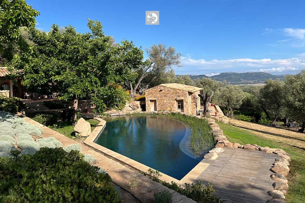 Étang de baignade avec terrasse en bois et maison en pierre sur un terrain en pente avec vue panoramique