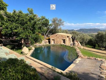 Étang de baignade avec terrasse en bois et maison en pierre sur un terrain en pente avec vue panoramique