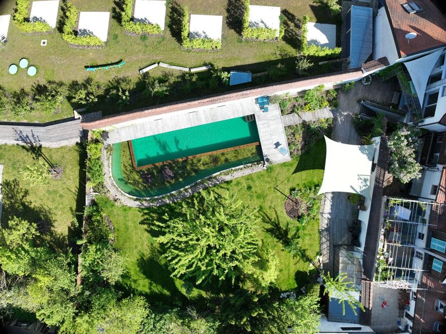 Schwimmteich von oben mit Holzdeck und naturnahem Garten